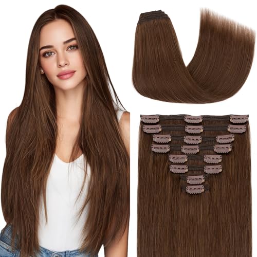 Elailite Clip in Hair Extensions Real Human Hair Double Weft Thick 8pcs Weft Medium Brown 16 Inch 130g Remy Hairpieces Balayage Full Head Straight for Women