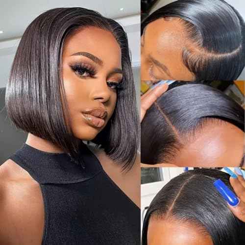Short Straight Bob Wig Human Hair 13x4 HD Lace Front Bob Wigs 200 Density 10 Inch Glueless Bob Wigs Pre Plucked with Baby Hair Transparent Lace Frontal Short Bob Wig for Women Natural Black