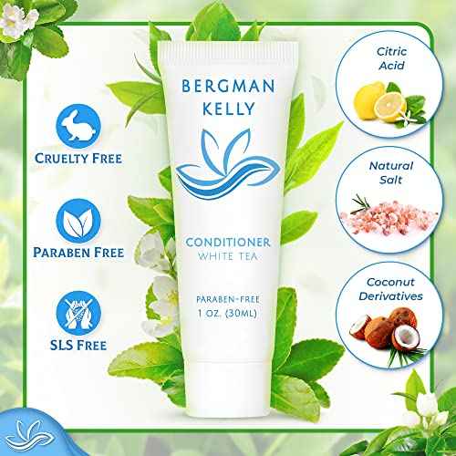 BERGMAN KELLY Hotel Toiletries Bundle (White Tea, 1 oz each, 200 Pieces) 4-Piece Set: 50 Rectangular Bar Soap, 50 Shampoo, 50 Conditioner & 50 Body Lotion - Bulk Mini Guest Amenities