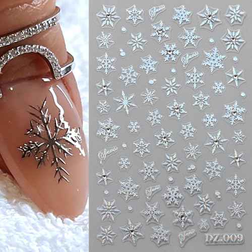 Snowflake Nail Stickers, 3D Embossed Christmas Nail Decals with Rhinestones Gold Silver Black White Snowflake Winter Nail Art Design for Women Girls(4 Sheets)