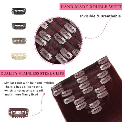 Clip in Hair Extensions Real Human Hair 3.9oz/110g Clip ins 100% Brazilian Remy Human Hair Extension for Women 8pcs Per Set with 18 Clips Double Weft (22 Inch #99J Burgundy)