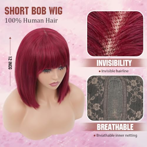 Bob Wig with Bangs Human Hair 200 Density Short Glueless Wigs Ready to Go Straight Bob Bangs Wig for Women Burgundy 12 Inches