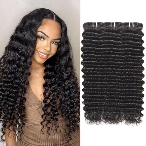 Great Grace 12A Deep Wave Human Hair Bundles 14 16 18 Inch Curly Bundles Human Hair 100% Unprocessed 3 Bundle Brazilian Virgin Human Hair Extensions Quick Weave Natural Black Color