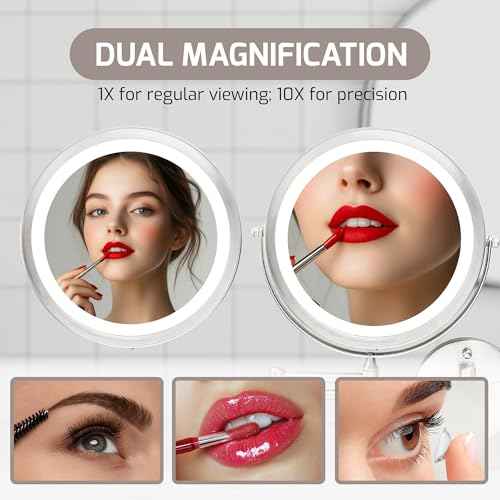 OVENTE Wall Mounted Lighted Makeup Mirror, 9" Double Sided 1X/10X Magnifying Vanity Mirror for Bathroom with LED Lights, Cordless, 360¡Æ Rotation and 13" Extendable Arm, Nickel Brushed MFW85BR1X10X