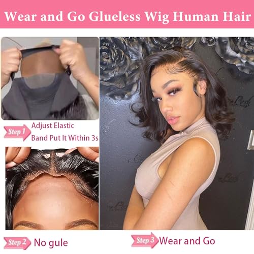Wear and Go Glueless Wig - Body Wave Lace Front Human Hair Wigs for Black Women - Pre Plucked and Pre Cut 4x4 Lace Closure - No Glue Needed for Beginners (22 Inch)