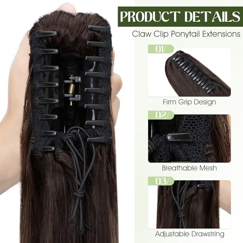 Ponytail Extension, 16 Inch Claw Clip Ponytail Extension Human Hair Long Straight Jaw Clip in Real Hair Pony Tails Hairpieces for Women Dark Brown