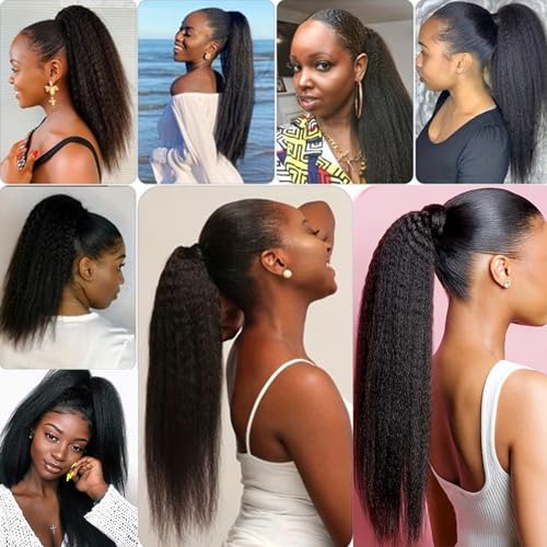 SAKALAKA Ponytail Extension Human Hair Kinky Straight Ponytail with Drawstring Brazilian Virgin Human Hair Ponytail for Women Natural Color, 24 Inch
