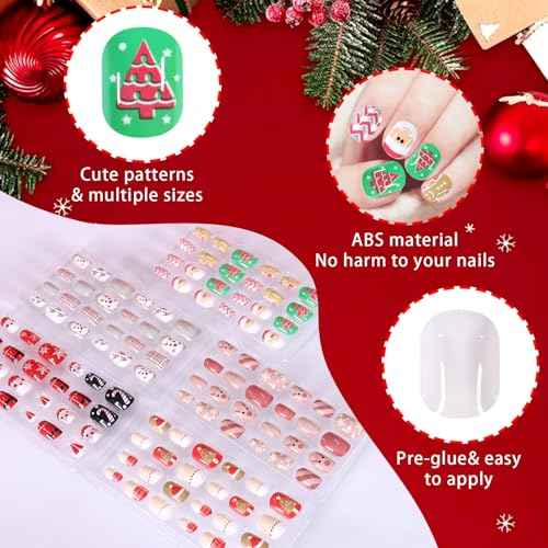 SIUSIO 120Pcs 5 Pack Press on Nails kids Children Acrylic Fake Nails Cute Pre-glue Full Cover Gradient Color Rainbow Short Stick On False Nail Art Kits Set for Kids Little Girls - Christmas Elves