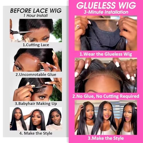 26 Inch Straight Human Hair Glueless Wigs 100% Human Hair Bleached Knots Upgraded Lace Front Wigs Pre Cut Straight 6x4 Glueless Lace Closure Wigs for Women 180% Density Invisible Melt Skin