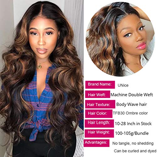 UNice Ombre Brown Highlight Body Wave Human Hair Weave 1 bundle 20 inch, Brazilian Remy Hair Dark Root Blonde Human Hair Weaves Extension Piano Color TFB30