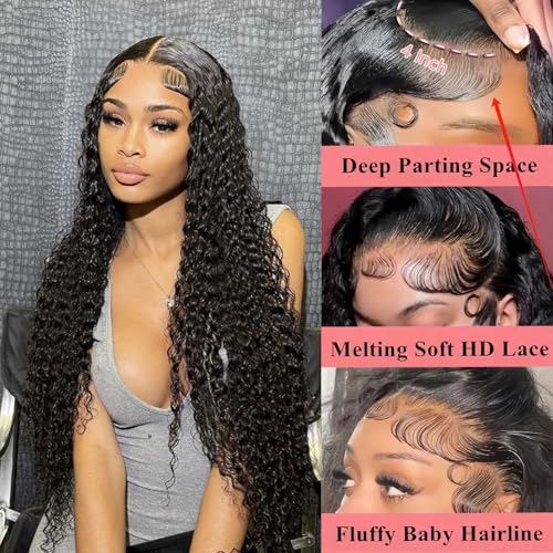 26 Inch Water Wave Lace Front Wigs Human Hair 13x4 HD Transparent Lace Frontal Wigs Pre Plucked Water Wave Lace Front Wigs for Black Women 180% Density Natural Color