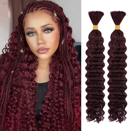 Human Braiding Hair, 2 Bundle 100g 20 Inch Boho Braids Human Hair 10A Deep Wave Bulk Brazilian Virgin No Weft Wavy Hair Extension for Boho Knotless Bohemian Micro Braid Bulk for Braiding 99J