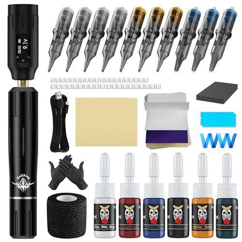Beginners Tattoo Gun Machine Kit Professional Complete Tattoo Gun Kits for Beginner Rotary Tattoo Pen Set with 10Pcs Tattoo Cartridge Needles and 6Pcs Inks for Starter Artists