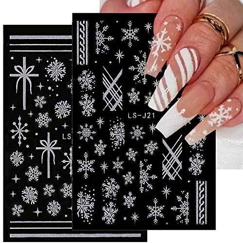 Christmas Nail Art Stickers Decals 3D Christmas White Snowflake Self-Adhesive Nail Art Supplies Snowflake Elk Heart Design Acrylic Nail Stickers for Women DIY Manicure Tattoos Decoration 6 Sheets