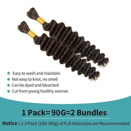 Human Braiding Hair Deep Wave Bulk Human Hair for Braiding 24Inch No Weft 90g (2Bundles-1Pack) 12A Brazilian Virgin Curly Human Hair Braiding Hair For Boho Braids Wet and Wavy