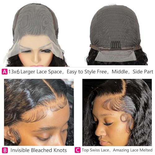 13x6 Deep Wave Lace Front Wigs Short Curly Bob Wig Human Hair 200 Density HD Glueless Lace Frontal Human Hair Wigs for Black Women Pre Plucked Natural Black 8 Inch