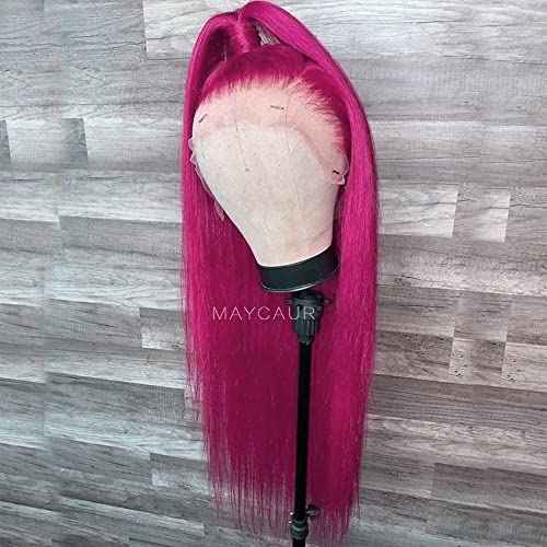Maycaur Long Straight Hot Pink Lace Front Wigs Pre Plucked Hairline Glueless Hair Rose Red Synthetic Lace Front Wigs for Fashion Women Heat Resistant Fiber