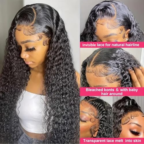 Deep Wave Lace Front Wigs Human Hair 200% Density Deep Curly Lace Frontal Wigs 26 Inch 13x4 Glueless Wigs HD Transparent Lace Front Wigs Human Hair Pre Plucked with Baby Hair for Black Women