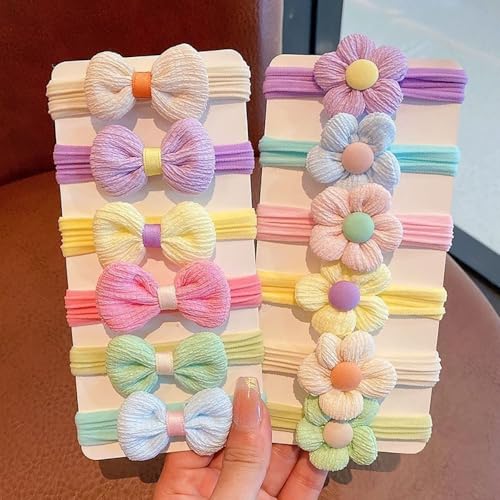 12Pcs Sweet Flower Hair Ties, Cute Bow Elastic Hair Ties Kids Hair Bands, Candy Color Ponytail Holders Hair Ropes with Bows, Kawaii Soft No Damage Hair Scrunchies for Little Girls Hair Accessories