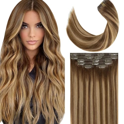 Lacer Hair Real Colored Clip in Hair Extensions Balayage Chocolate Brown to Caramel Blonde 18 Inch Clip in Invisible PU Skin Weft Remy Natural Thick Silky Straight Hair 7pcs 110g for Fashion Women