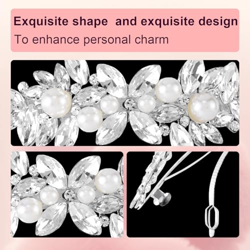 Rhinestone Pearl Barrettes, Crystal Hair Clips for Weddings, Silver French Barrette Clips for Women Thick Long Hair, Sparkly Hair Pins for Bridal Brides Wedding (1PCS)