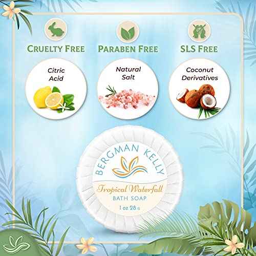 BERGMAN KELLY - Hotel Soap Bars in Bulk - Tropical Waterfall, 1 oz, 200 PK - Small Individually Wrapped Round Soap - Travel Size Mini Toiletries for Airbnb, Motel, Guest Bathroom