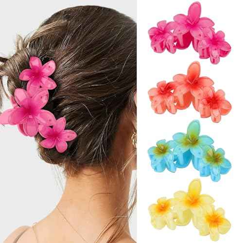 Flower Hair Claw Clips - 4PCS Glossy Hawaiian Clips for Thick and Thin Hair, Non-Slip Strong Hold Hair Accessories for Women and Girls