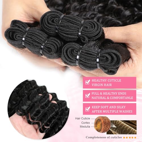 12A Deep Wave Bundles Human Hair 16 18 20 Inches 100% Unprocessed Indian Human Hair Bundles Wet and Wavy Raw Virgin Hair Curly Weave 3 Bundle Deal (Natural Color, 16 18 20 Inches)
