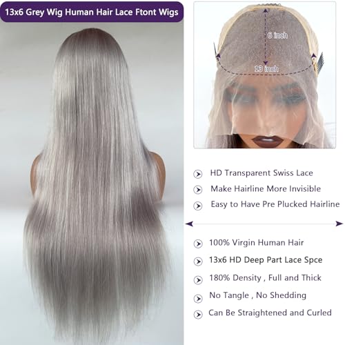 Ubetta Grey Wig Human Hair, 13x6 Grey Lace Front Wigs Human Hair Pre Plucked Glueless HD Lace Front Silver Gray Wigs for Black Women 180% Density 18 Inch Straight Colored Gray Lace Frontal Wig