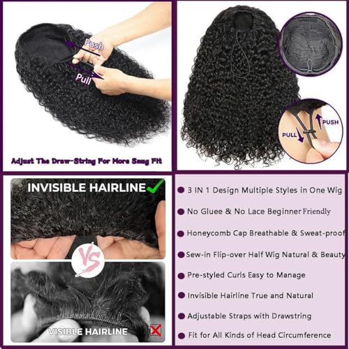 Half Wig Human Hair Water Wave 220% Density 3 In 1 Seamless Flip Over with Adjustable Drawstring 18 Inch Wear Go Glueless Wigs Wet and Wave Curly Half Wigs for Women Headband Wig Beginner Friendly