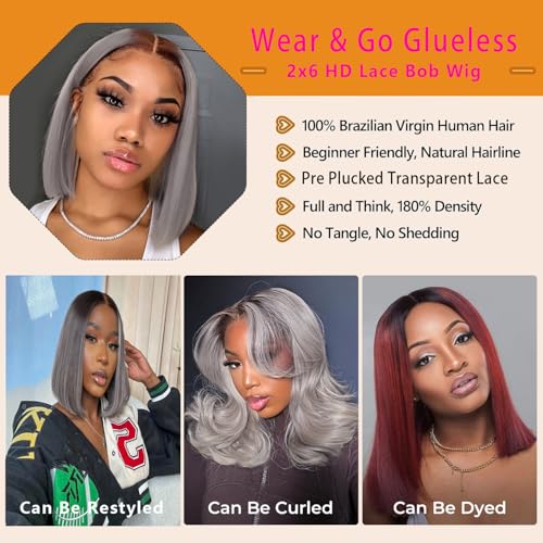 Selina Hair 2x6 Bob Wigs Human Hair P4/Grey Color Brazilian Virgin Hair HD Lace Front Wigs Human Hair Glueless Bob Wig with Baby Hair Straight Bob for Women 10 lnch