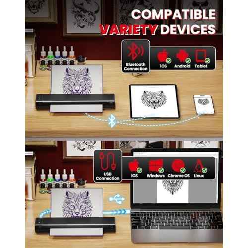 COLORWING M08F Portable Wireless Tattoo Stencil Printer, Thermal Inkless Bluetooth Tattoo Stencil Machine with 10pcs Tattoo Transfer Paper, Ideal for Tattoo Artists & Beginners - Black