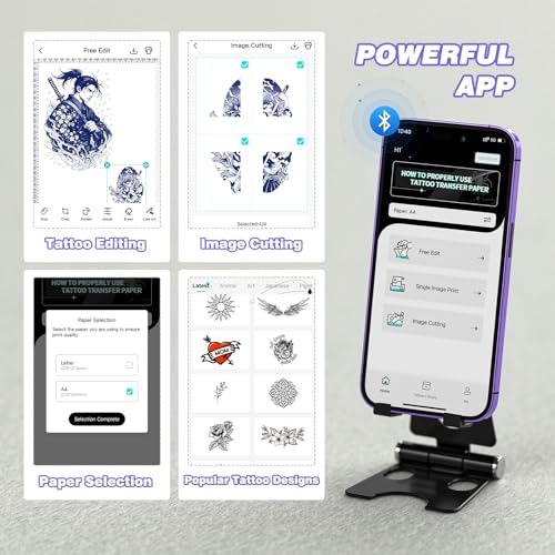 Padieoe Tattoo Stencil Printer with 10Pcs Transfer Paper - Bluetooth, Wireless, 2000mAh - Portable Thermal Printer Machine for Tattooist- 11.5x2.6x1.8in - Purple