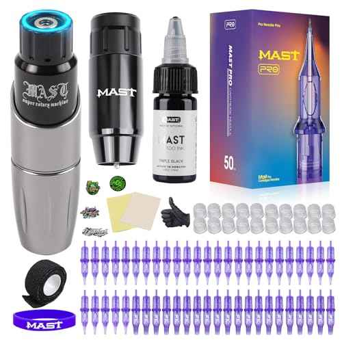 Mast Tattoo Tour Cordless Tattoo Machine Kit Cartridge Tattoo Gun with 50Pcs Liner Shader Needles Complete Tattoo Supplies Kit for Beginners