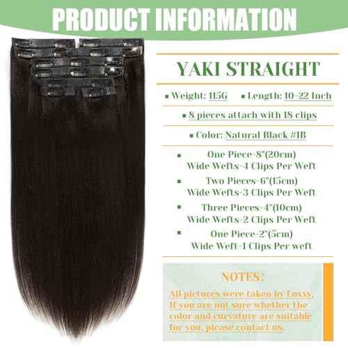 Loxxy Seamless Yaki Straight Clip ins Human Hair, Natural Black Yaki Clip ins for Black Women Invisible PU Weft 110g 7pcs 16 Inch