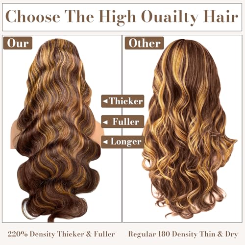 Honey Blonde Ombre Wig Human Hair 30inch Ombre Lace Front Wig Human Hair Loose Body Wave 9x6 Glueless Wigs Human Hair Pre Plucked Pre Cut 4/27 Lace Front Wig 220% Density