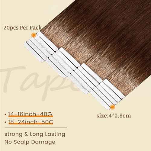 DNE Tape in Hair Extensions Real Human Hair 20 inches 20Pcs/50g/Pack Seamless #4 Medium Brown Dark Color Straight Invisible Double Sided Tape in Hair Extensions for Women/Girls (#4, 20 inch)