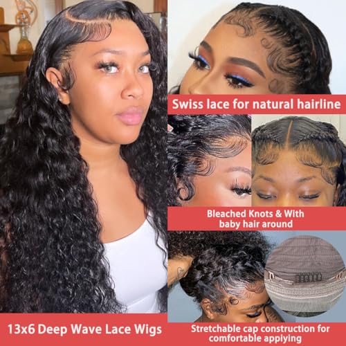 13x6 Deep Wave Lace Front Wigs Human Hair HD Lace Front Wigs for Black Women Pre Plucked Brazilian Deep Curly Human Hair Wig 180% Density Glueless Frontal Wigs (22 Inch)