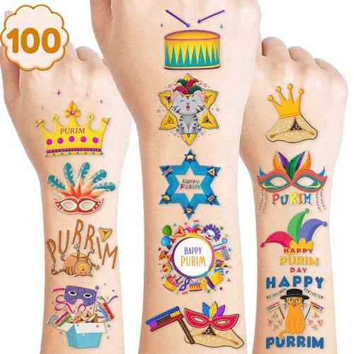 Cute Purim Temporary Tattoos 10 Sheets 100 PCS Happy Purim Party Decorations Favors Supplies Purim Theme Birthday Stickers Halloween Gifts for Boys Girls Kids Class School Prizes Carnival Christmas