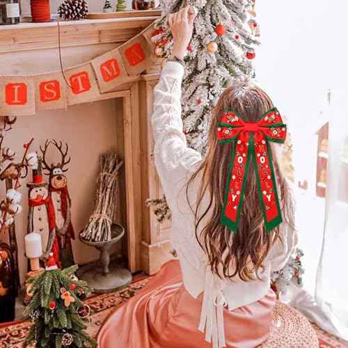 Christmas Bow Clips Pearl Rhinestone Christmas Tree JOLLY Decor Hair Bow Clip Christmas Holiday Party Hairpin Barrettes Accessories (red green JOY bow)