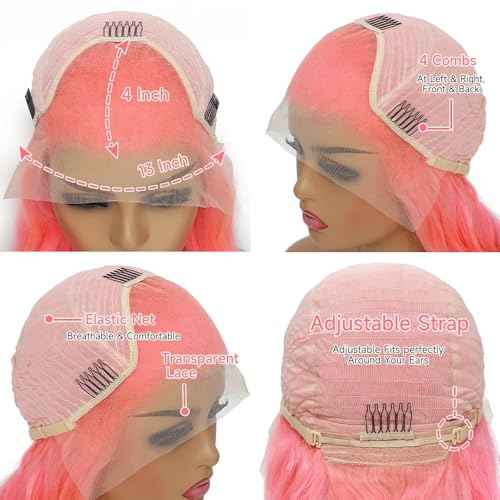 ANDRIA 13x4 HD Lace Front Wigs 28 Inches Pink Body Wave Long Glueless Lace Frontal Wigs Pre-plucked Hairline Synthetic Lace Front Wig With Baby Hair Heat Resistant Fiber Hair Wigs For Women