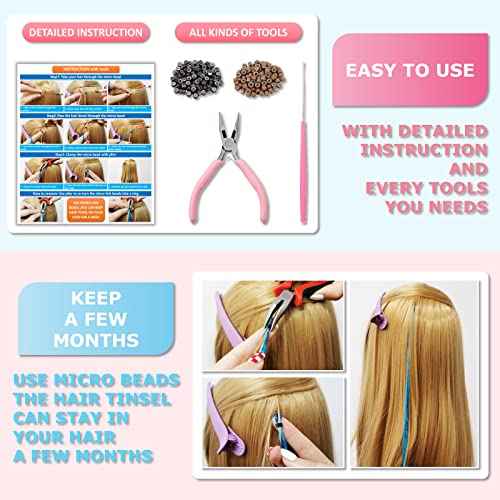Brown Hair Tinsel Kit with Tools and Instruction Easy to Use 1200 Strands 48 Inches Glitter Tinsel Hair Extensions for Women and Girls, Sparkling Shinny Fairy Hair Accessories for Christmas New Year Halloween Cosplay Party