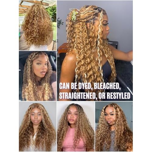 13A 27/613 Human Hair Bundles Water Wave 22 Inch, Soft and Silky Highlight Blonde Single Curly Bundle Wet n Wavy 100% Raw Hair Ombre Highlight Honey Blonde Sew In Weave #F27/613 Colored Weft