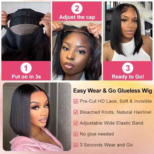 Bob Glueless Wigs Human Hair Pre Plucked Pre Cut 14 Inch 9x6 HD Lace Closure Wig Short Bob Glueless Wigs Human Hair Black Straight Wig Human Hair Wear and Go 200% Density for Women