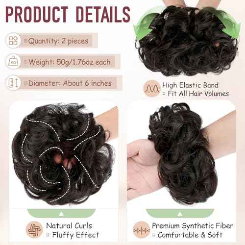 2 PCS Messy Bun Hair Piece Wavy Curly Hair Bun Scrunchies Extensions Synthetic Chignon Thick Updo Hairpieces for Women Girls(Dark Brown)