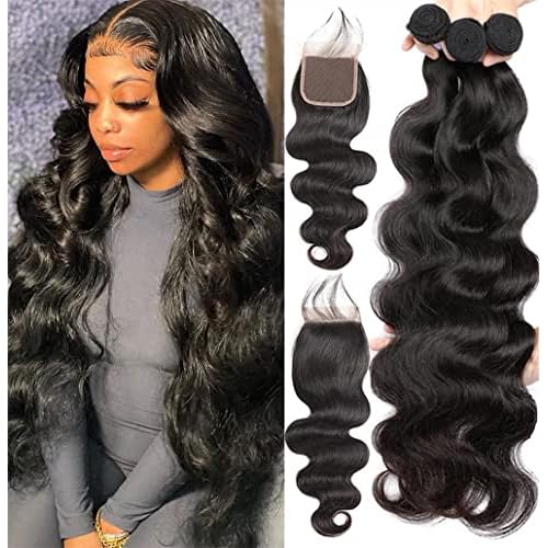 YISEA Body Wave 3 Bundles with Closure(12 14 16+10) 100% Unprocessed Brazilian Body Wave Human Hair Bundles with 4X4 Lace Closure Free Part Natural Color