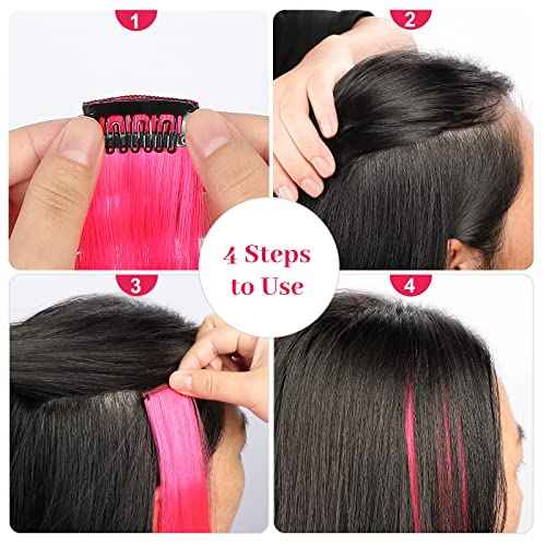 YaFex 12 Pcs Clip in Hair Extensions, 22 Inch Colored Hair Extensions Party Highlights Long Straight Synthetic Hairpieces for Women Kids Girls (Hot Pink)