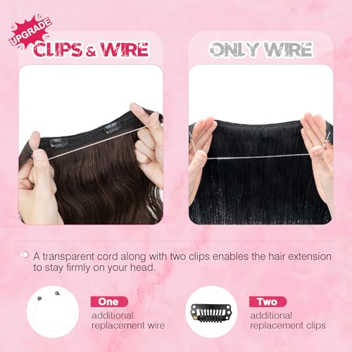 Halo Hair Extensions Real Human Hair, MY-LADY Adjustable Halo Extensions Real Human Hair, 18 inch Dark Brown Women's Long Wavy Hair Invisible Wire Hair Extensions