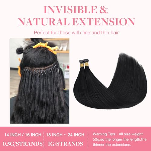 GOO GOO I Tip Hair Extensions Real Human Hair, 24inch 50g 50S, Cold Fusion I Tip Hair Extensions, Invisible Remy Hair, 1 Jet black