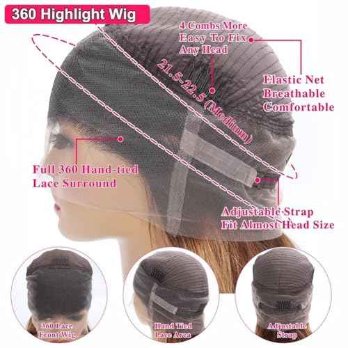 Highlight Ombre 360 Body Wave Lace Front Wigs Human Hair Pre Plucked with Baby Hair Honey Blonde 360 HD Lace Frontal Wigs Full Lace for Women 20inch
